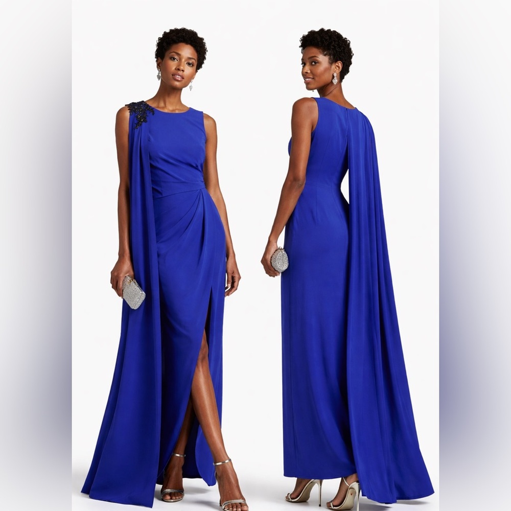 NWT $895 Marchesa Notte Draped Crepe Gown Blue Size 4 Floral Appliqué